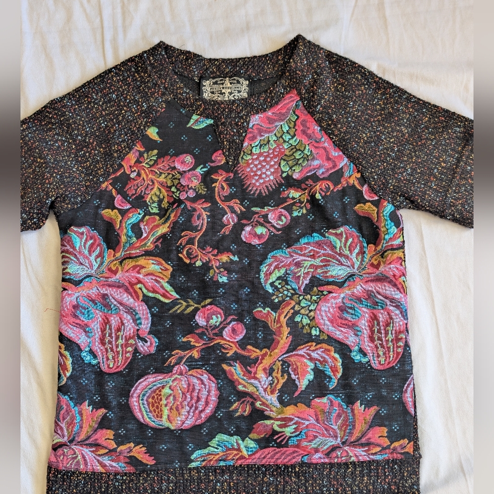 Anthropologie James Coviello Floral Brocade Metallic Knit Sweater Size Medium